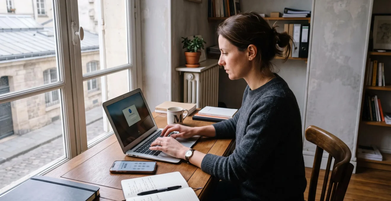 Un professionnel saisit un code de sécurité sur son ordinateur portable au bureau.